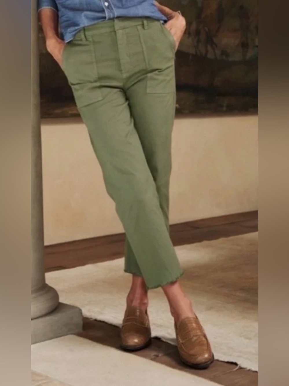 FRANK & EILEEN 10  Blackrock Utility Pant in Army with raw hem cropped ankle